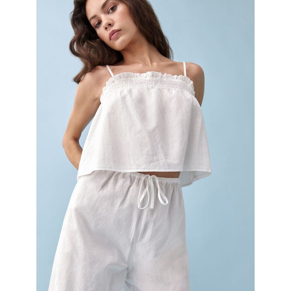 Reformation Cami Top Women Large White Ruffle Smocked Open Back Organic Cotton